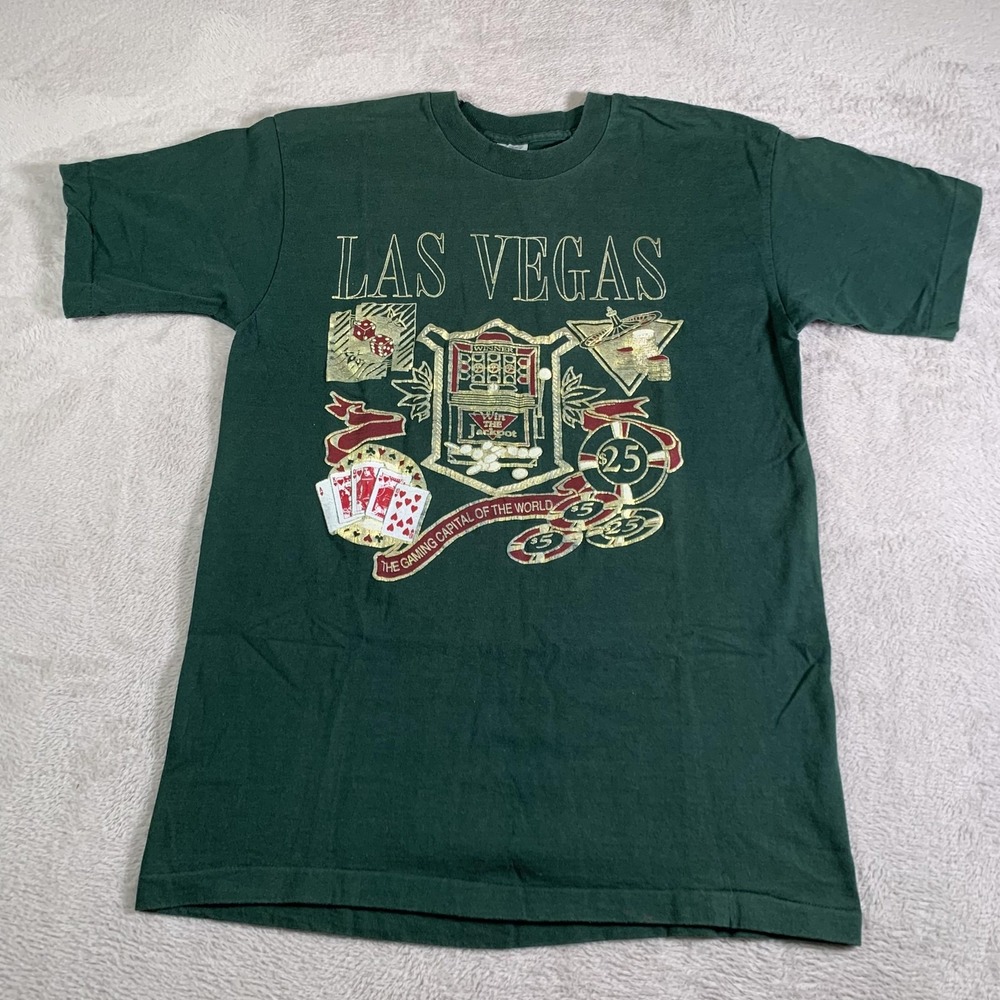 Vintage Las Vegas Shirt Mens Large Green Casino Graphic Tee Fruit‎ Of The Loom